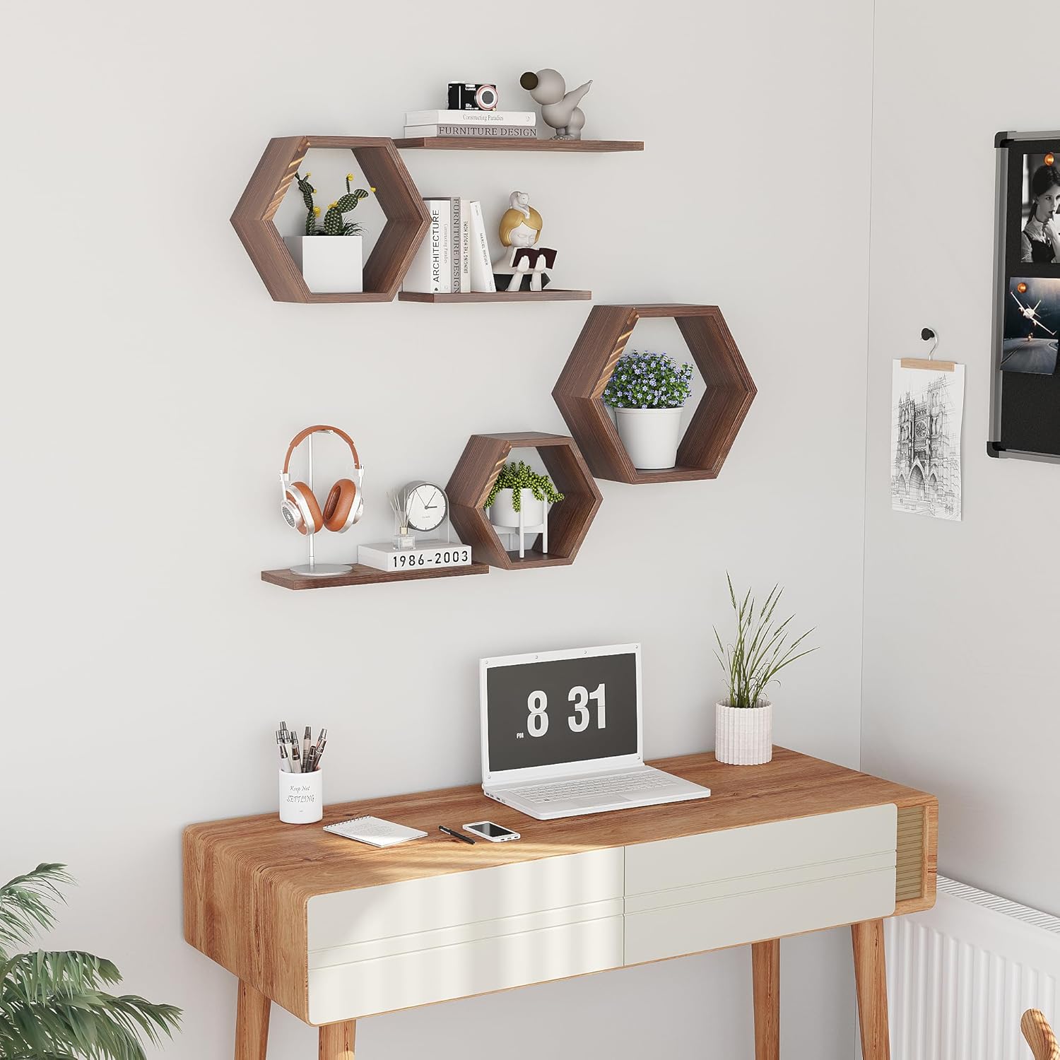LUDORU – Lot de 6 Étagères Murales Hexagonales en Bois de Pin