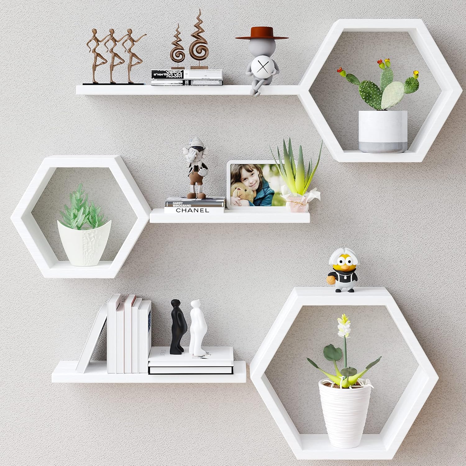 LUDORU – Lot de 6 Étagères Murales Hexagonales en Bois de Pin