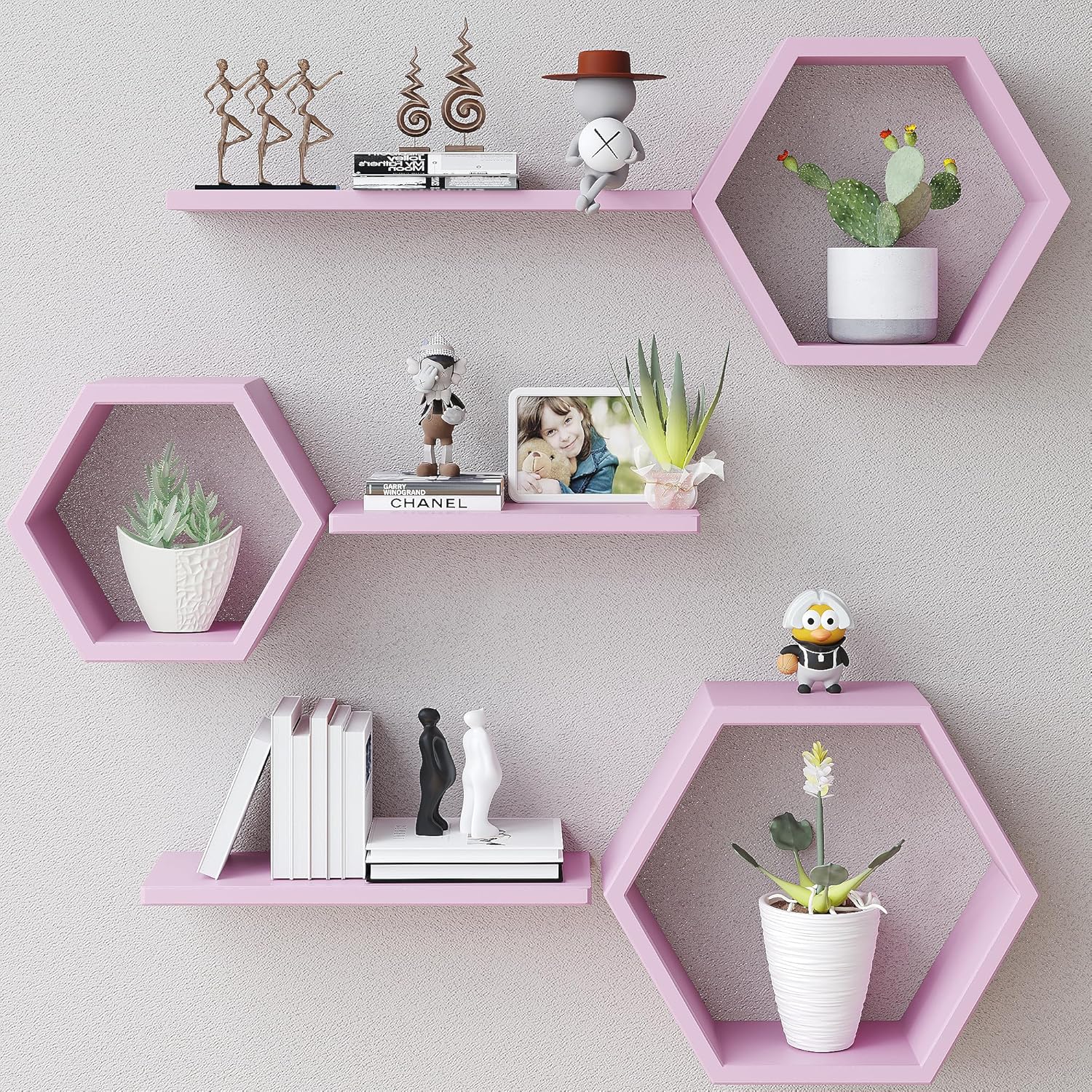 LUDORU – Lot de 6 Étagères Murales Hexagonales en Bois de Pin