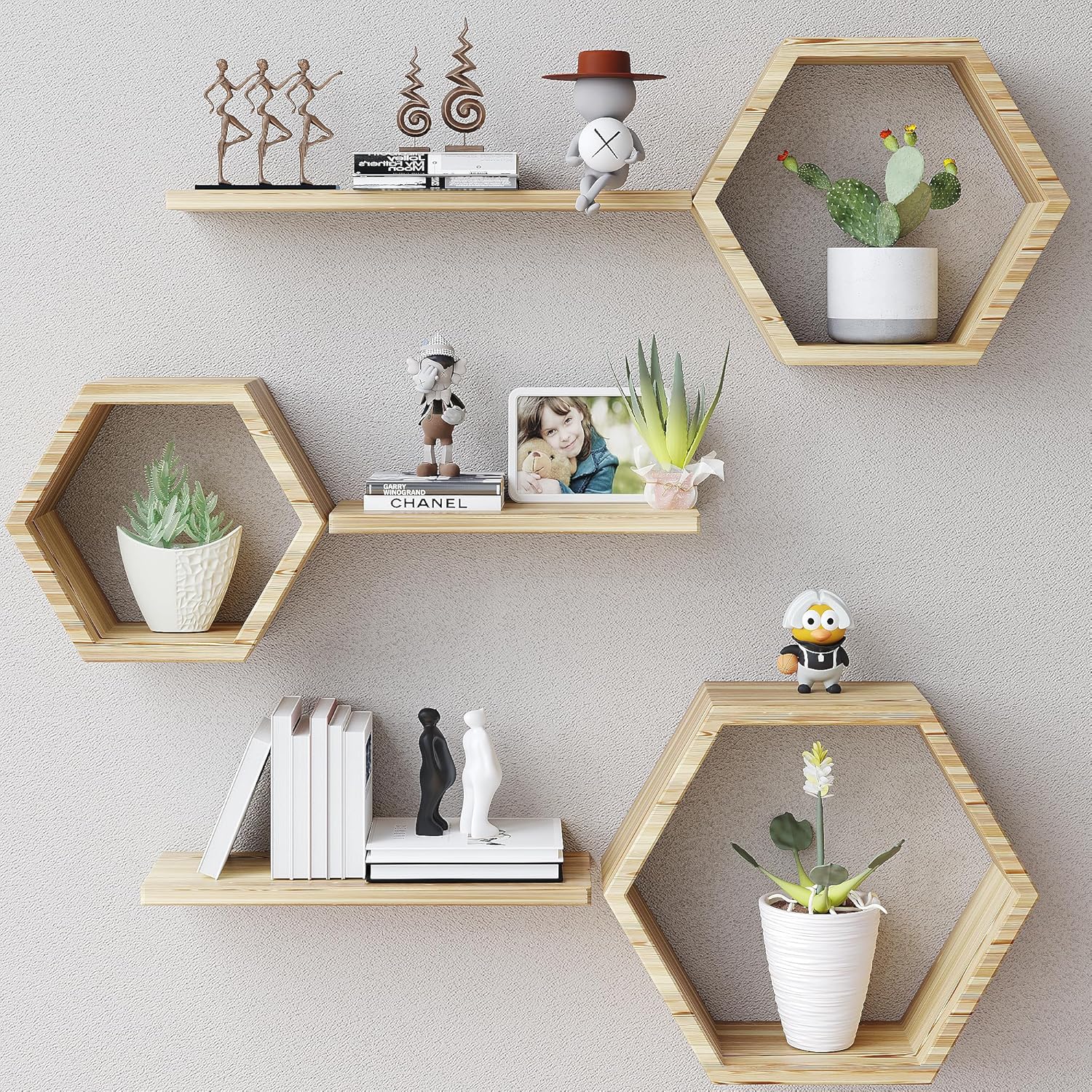 LUDORU – Lot de 6 Étagères Murales Hexagonales en Bois de Pin