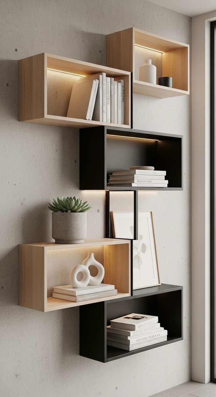 Étagères Murales Décalées Modernes – Bois Naturel et Noir Mat, Style Contemporain